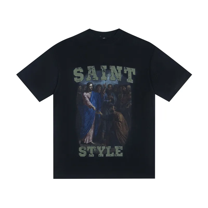 100💰S10#美Chao SAINT white ink direct-injection pure cotton 260g loose short-sleeved T-shirt 15 black, white S-XL